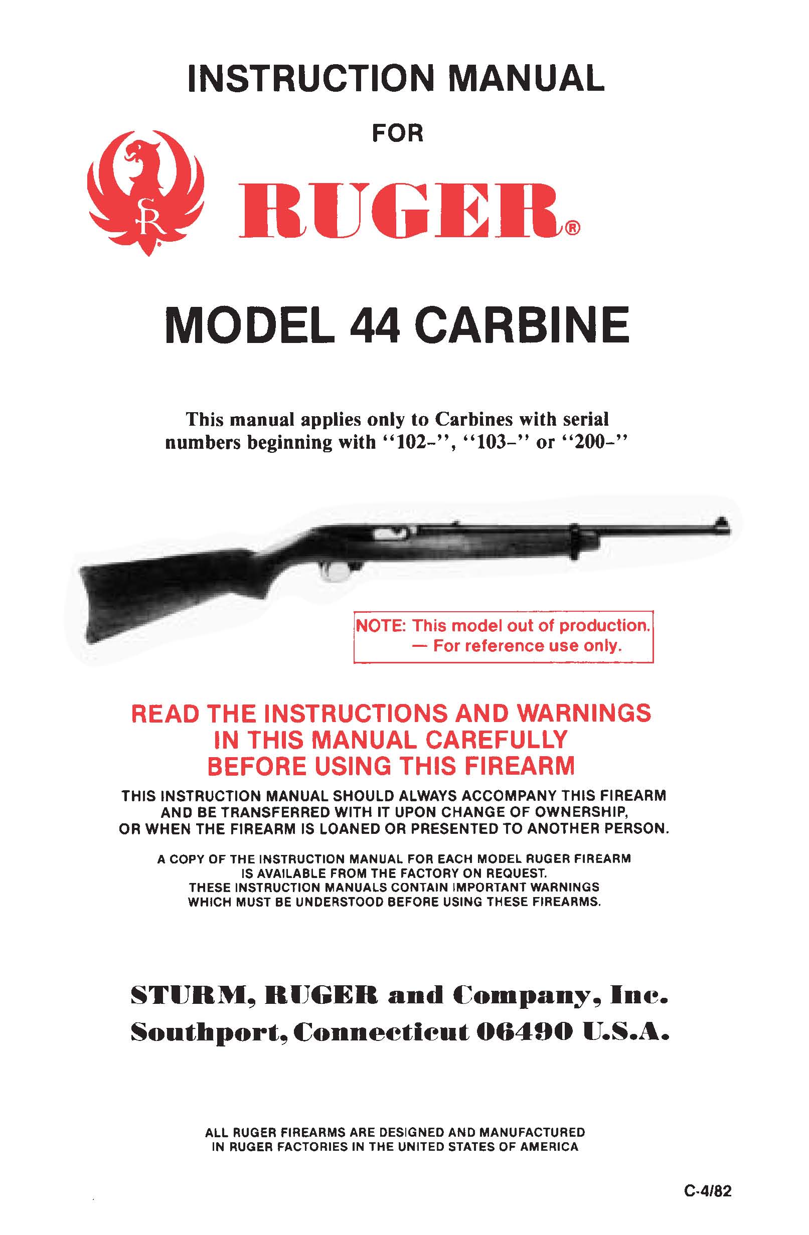 Ruger Model 44 Carbine Serial #s starting w/ 102, 103 or 200 Ops- GB-img-0
