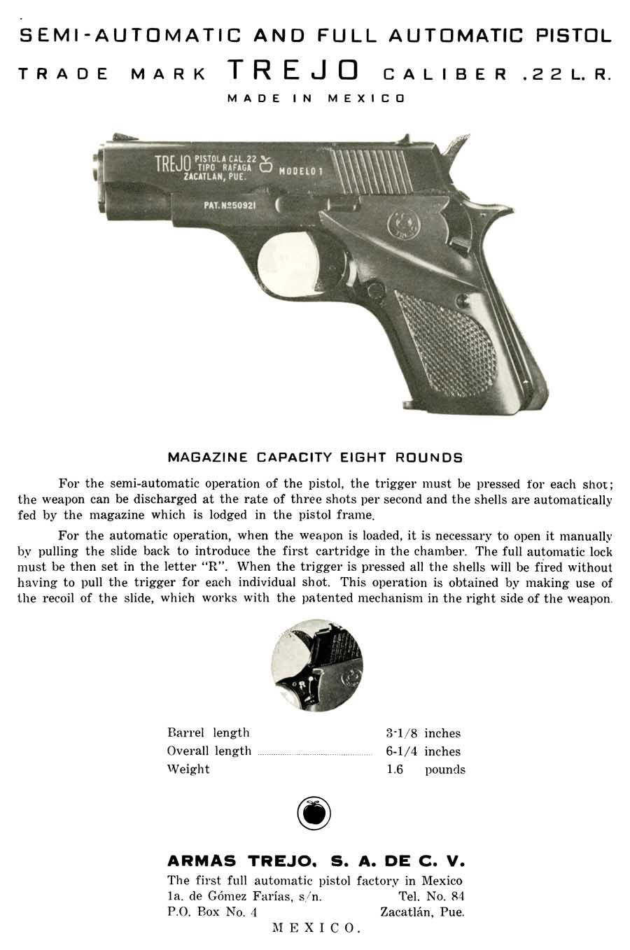 Armas Trejo Modelo 1 c1963 22 cal Semi-Full Auto Pistol Parts- GB-img-0