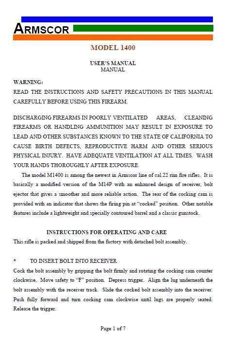 Armscor M1400 22 Rifle Manual Cornell Publications 4193