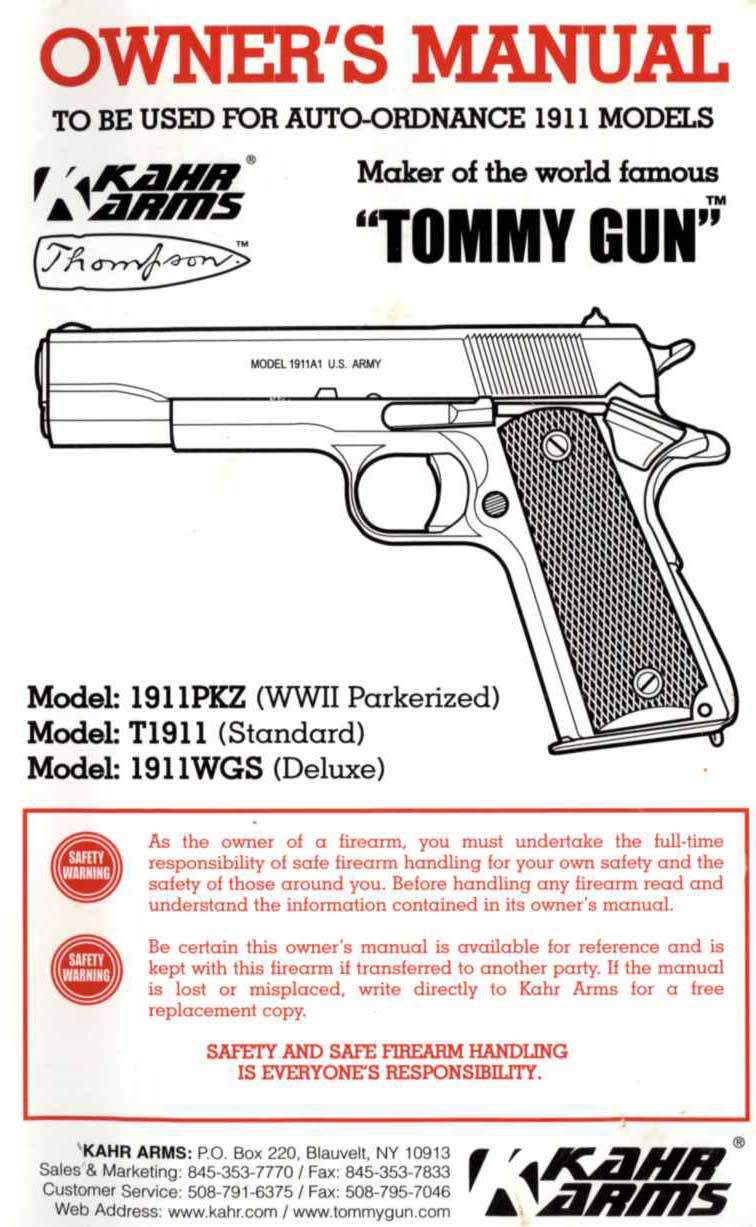 Kahr Arms- Model 1911 Models Auto Ordnance Manual - GB-img-0