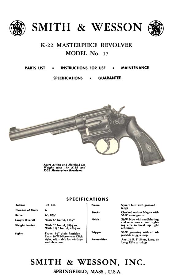 Smith & Wesson Model 17 K-22 Masterpiece Revolver Manual - GB-img-0